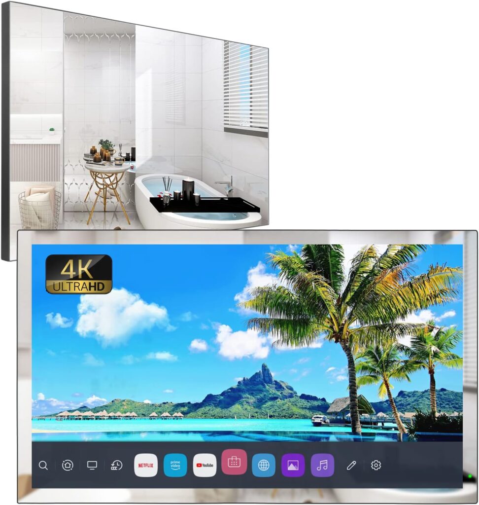 Soulaca 32 inches 4K Smart Mirror TV Waterproof with Built-in WiFi Alexa Voice Control Bathroom Use LED Television ATSC Tuner Bluetooth 2023