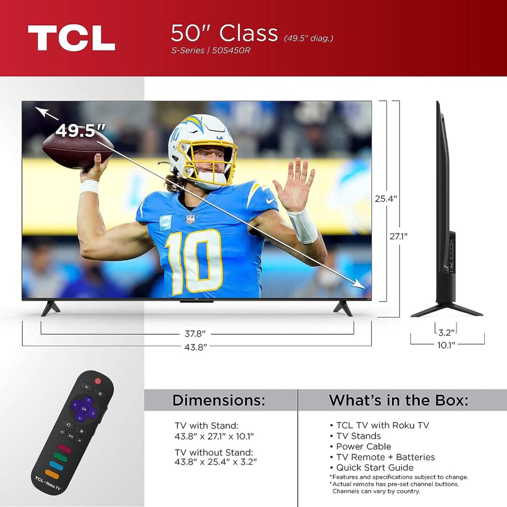 TCL 50-Inch Class S4 4K LED Smart TV with Roku TV (50S450R, 2023 Model), Dolby Vision, HDR, Dolby Atmos, Works with Alexa, Google Assistant and Apple HomeKit Compatibility, Streaming UHD Television